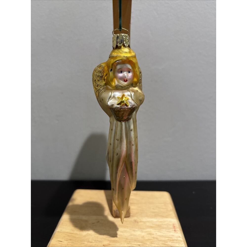 Vtg. Christborn Golden Angel Germany Blown Glass Christmas Ornament 6.5” MARKED